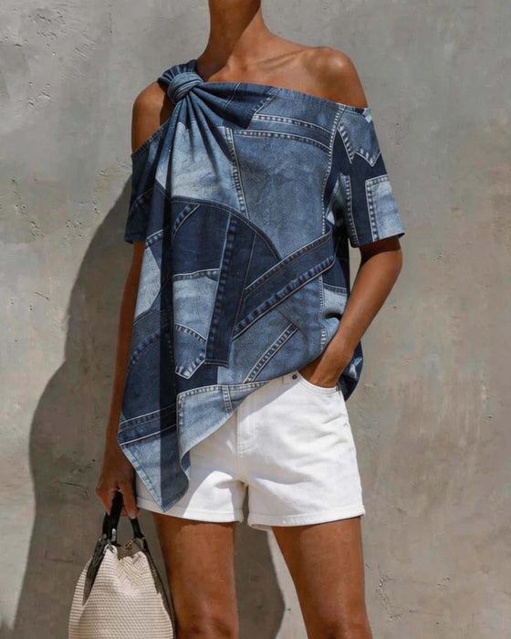 One-Shoulder Twist Knot Patchwork Blouse