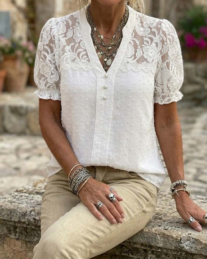 Lace Patchwork Puff Sleeve V-Neck Blouse