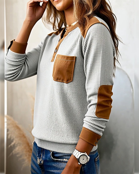 Contrast Color Open Button Pockets Sweatshirt