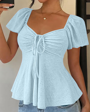 Hollow-Out Drawstring Short Sleeve Solid Color Blouse