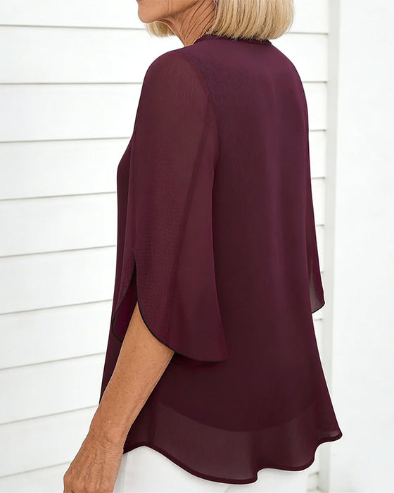 V-Neck Mandarin Collar Small Slit Half Sleeve Blouse