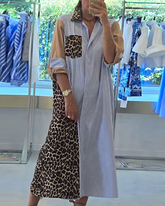 Casual leopard stripe print lapel dress