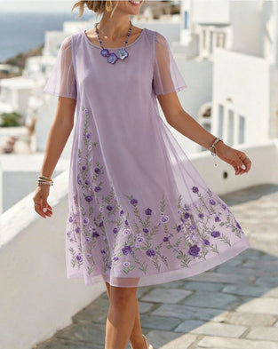 Round Neck Short Sleeve Mesh Dress