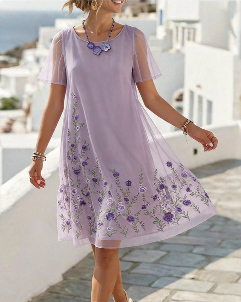 Round Neck Short Sleeve Mesh Dress