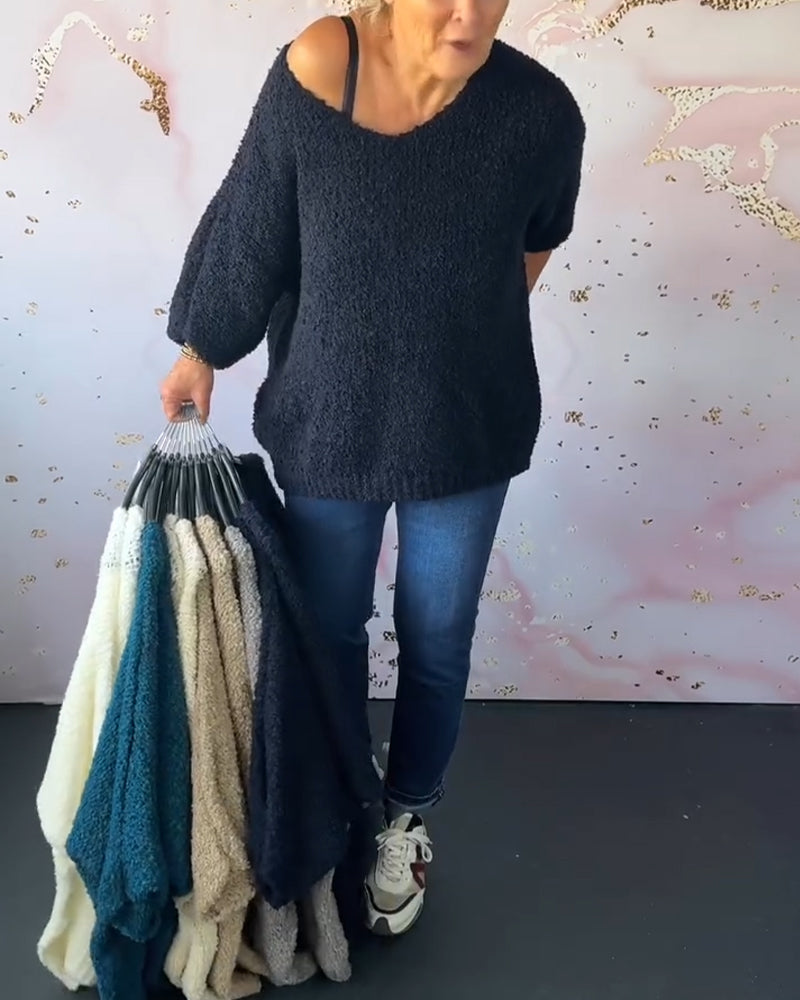 V-neck solid color casual pullover sweater