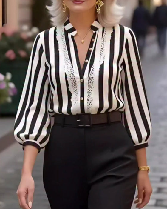 Lantern Sleeve Stand Collar Lace-Trimmed Shirt