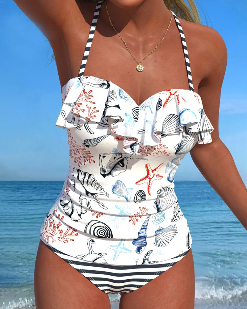 Ruffled Striped Print One-Piece Swimsuit