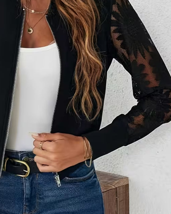 Zip-Up Lace Panel Solid Coat
