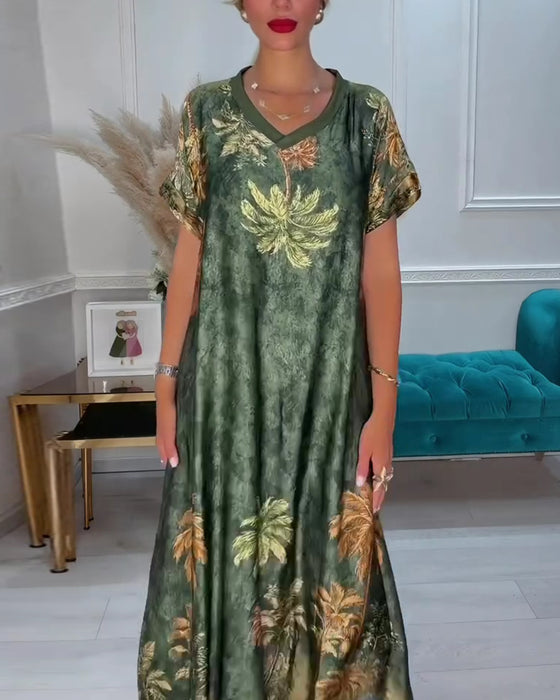 V-Neck Palm Tree Print Short Sleeve Long Dress