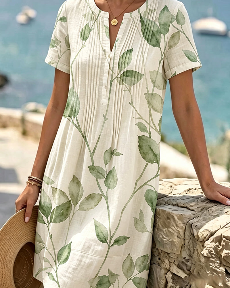 Ruched Leaf Print Short Sleeve Mini Dress