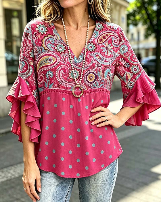 V-Neck Floral Polka Dot Ruffle Blouse