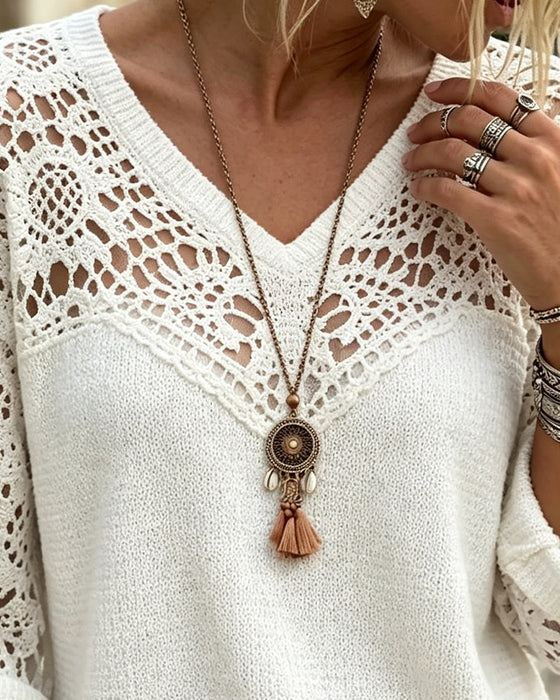 V-Neck Hollow Out Long Sleeve Knit Pullover