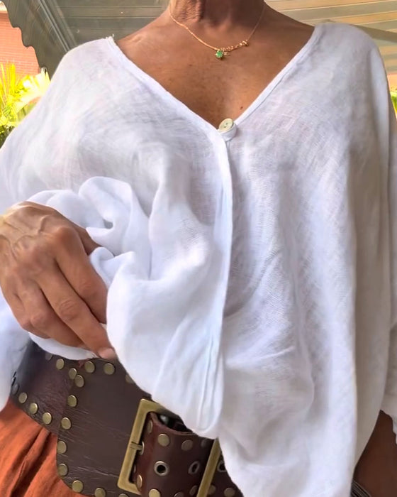 V-Neck Asymmetric Solid Relaxed Blouse
