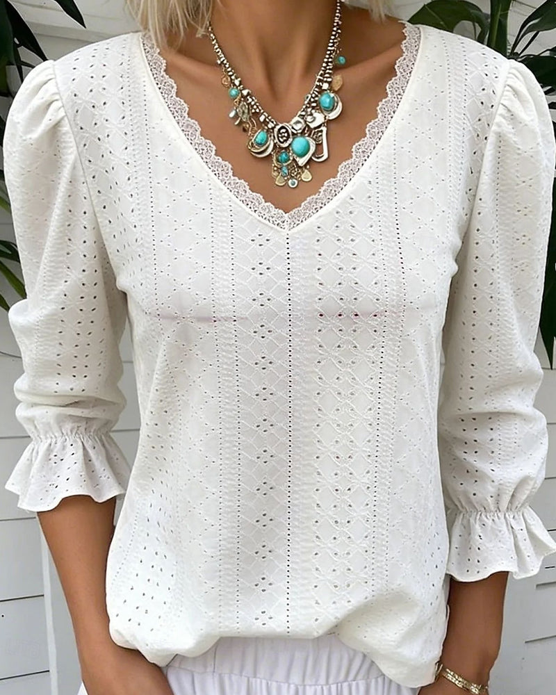 Elegant V-Neck Lace Cut-Out T-Shirt