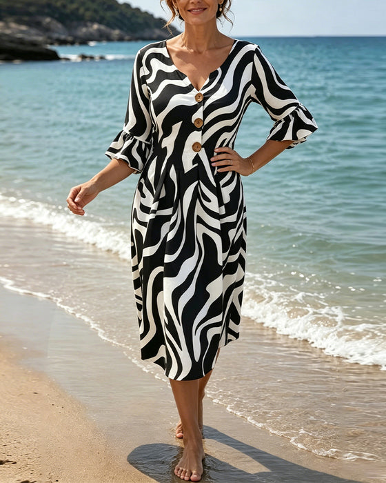 V-Neck Button Zebra Loose Dresses
