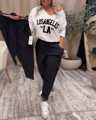 Letter print v-neck casual sweatshirt