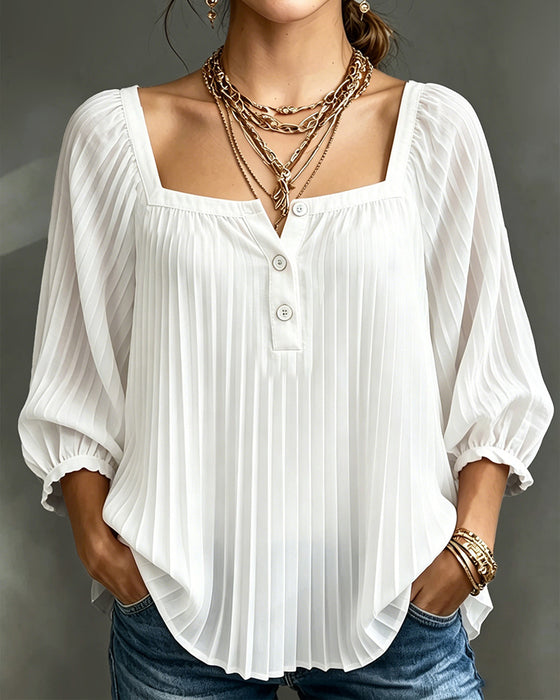 Square Neck Pleated Puff Sleeves Blouse