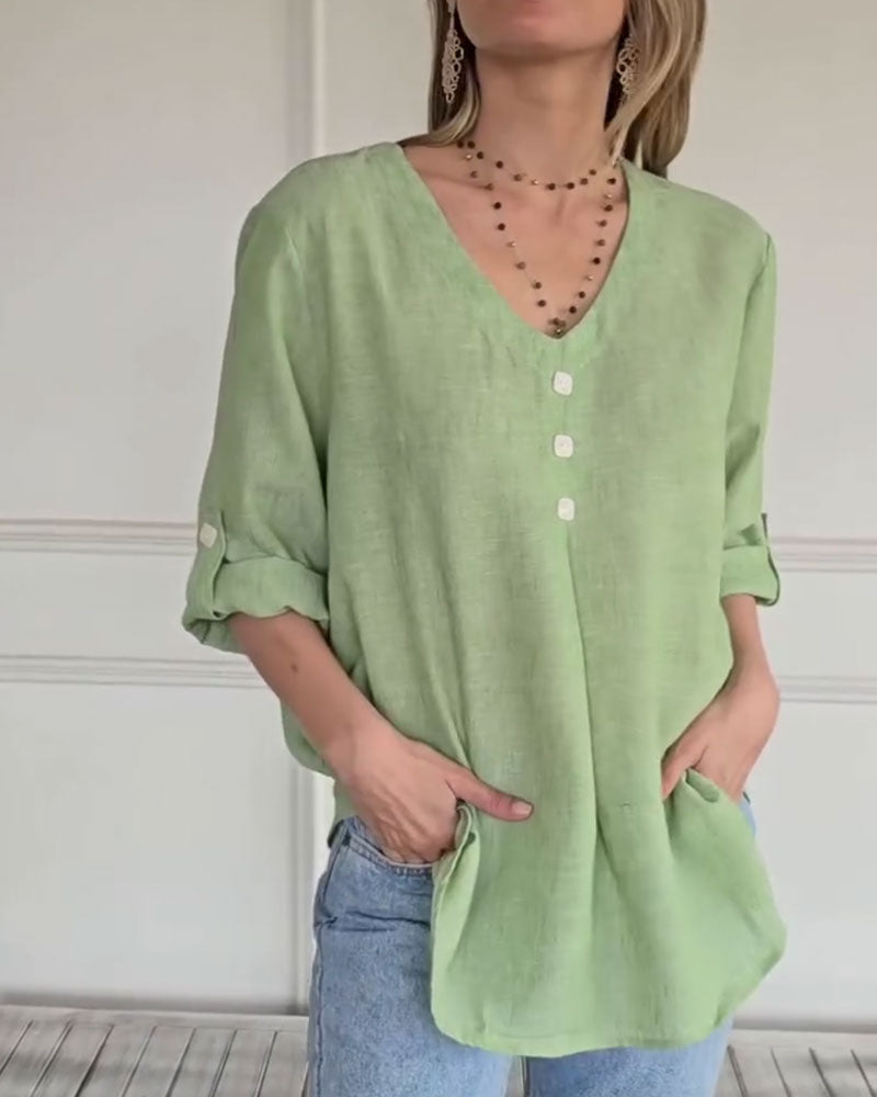 Solid Color V-Neck Loose Casual Top