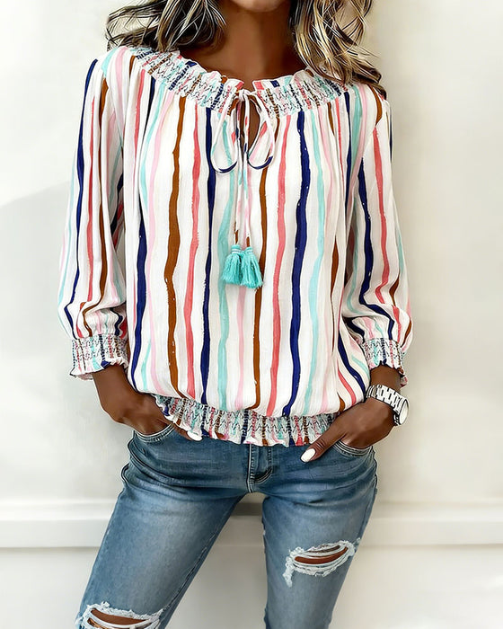 Color Block Stripe Drawstring Blouse