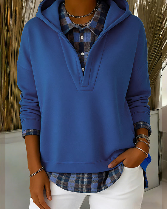 Faux Two-Piece Plaid Patchwork Hoodie