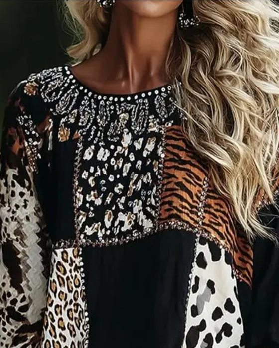 Crew Neck Leopard Tiger Print Contrast Blouse