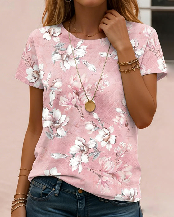 Short-Sleeved Round Neck Floral Print Top