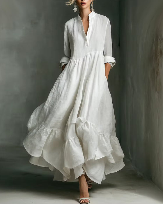 Mandarin Collar Half Button A-Line Dress