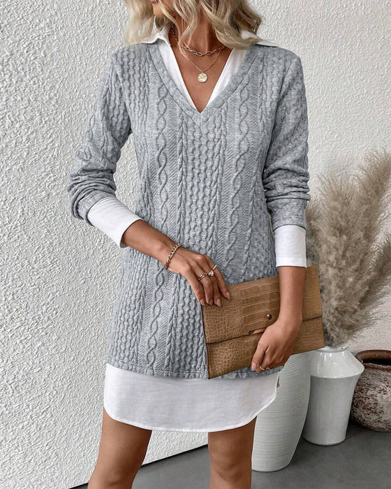 Shirt-Collar Fake Two-Piece Knit Dress
