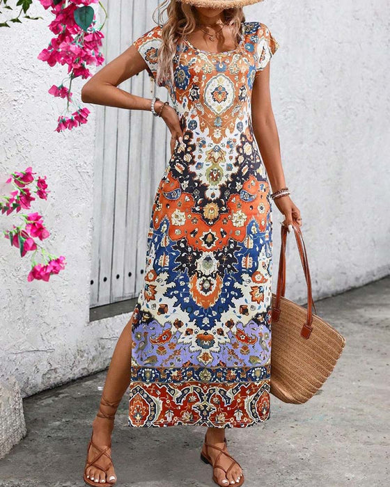 Colorful printed casual dress with slits