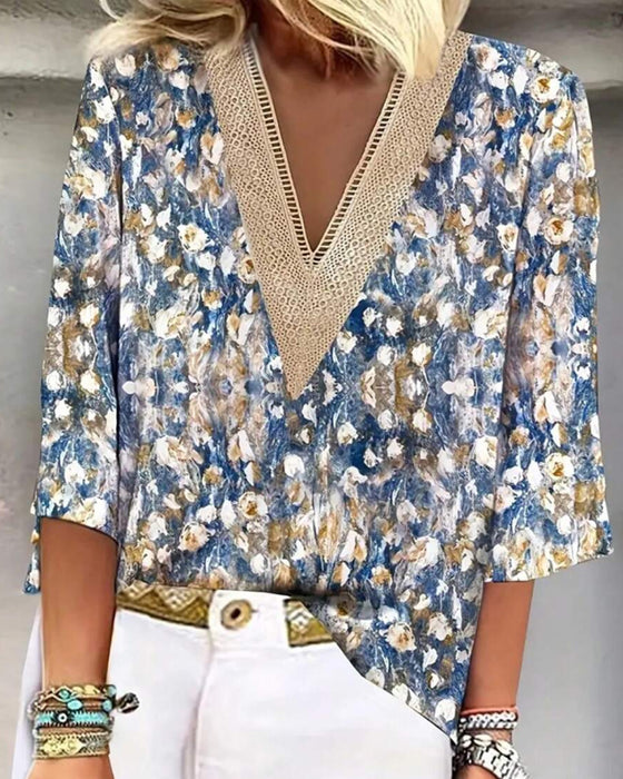 V-Neck Three-Quarter Sleeve Floral Print Blouse