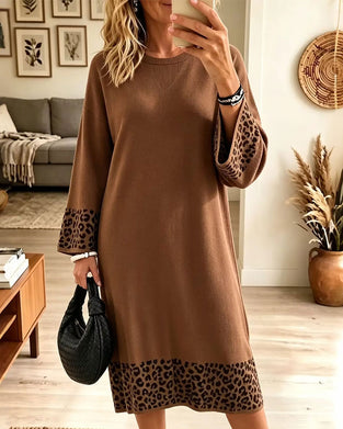 Leopard Print Round Neck Paneled Shift Dress