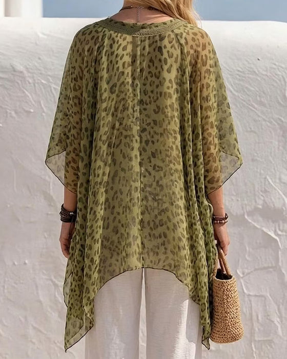 V-Neck Irregular Leopard Blouse