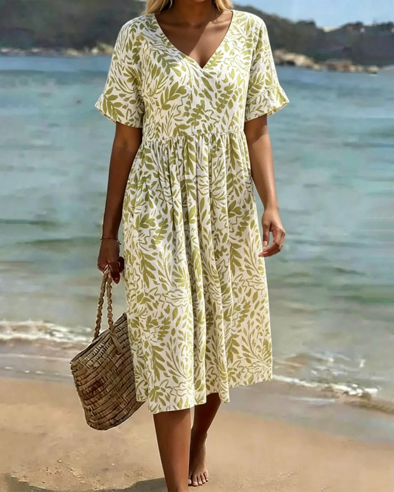 Green Leaf Print V-Neck Dress