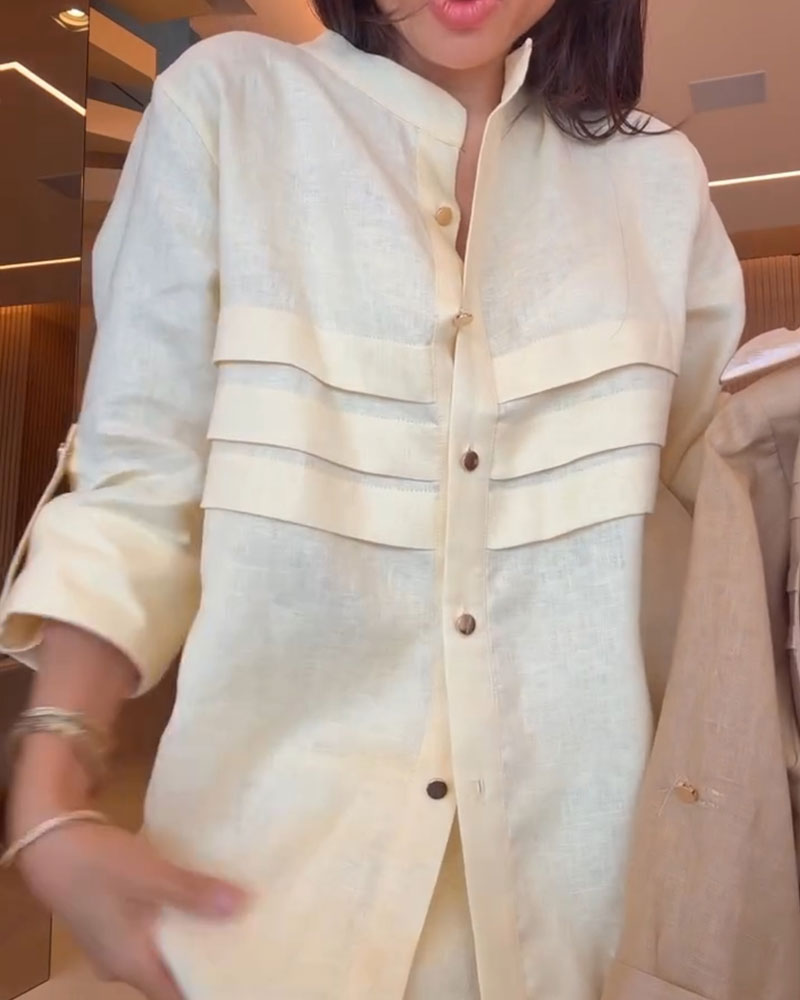 Mandarin Collar Shirred Button Blouse