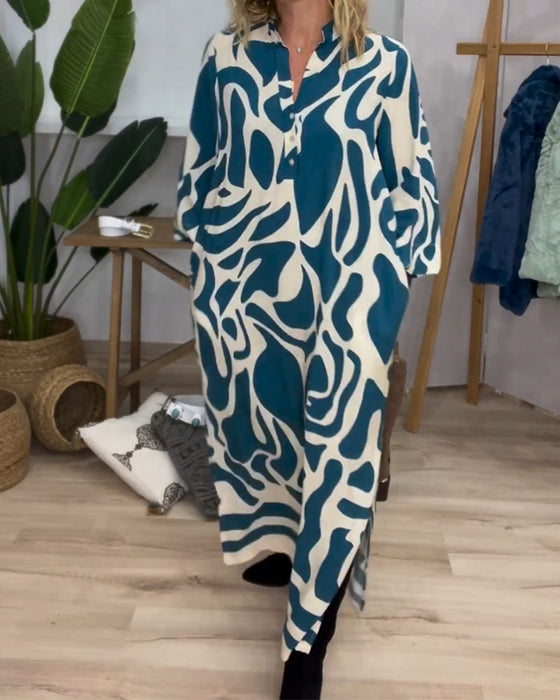 Lapel side slit printed dress