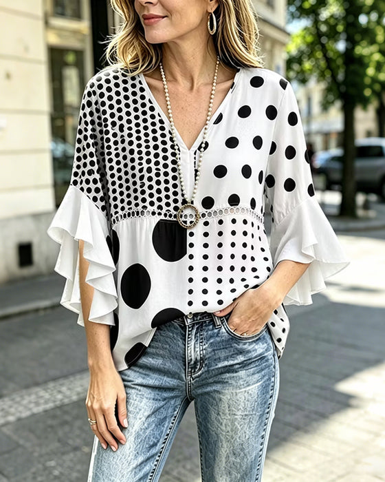 Mixed Polka Dot Patchwork Ruffle Blouse