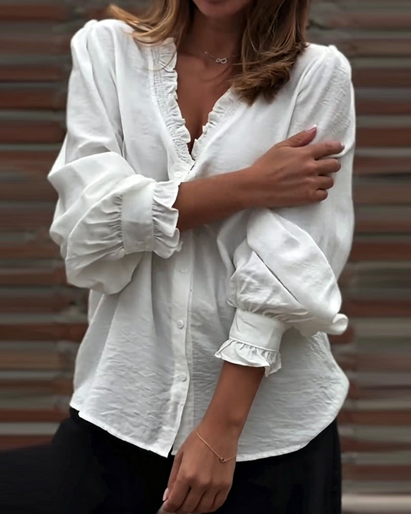 V-Neck Button Front Ruffle Puff Sleeve Blouse