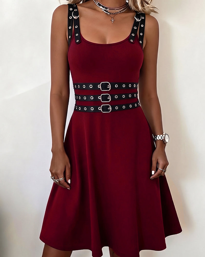 Square Neck Strappy Metal Ring Sleeveless Dress