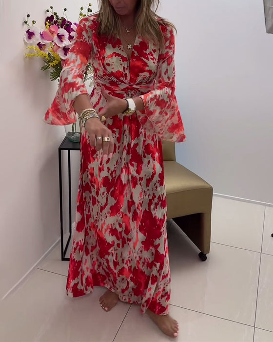 Fashionable printed deep V knitted bell sleeve dress