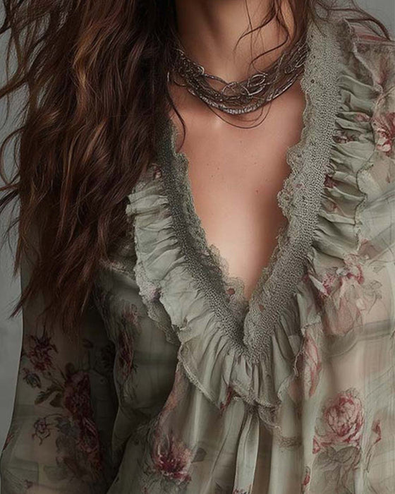 Floral V-Neck Ruffled Blouse