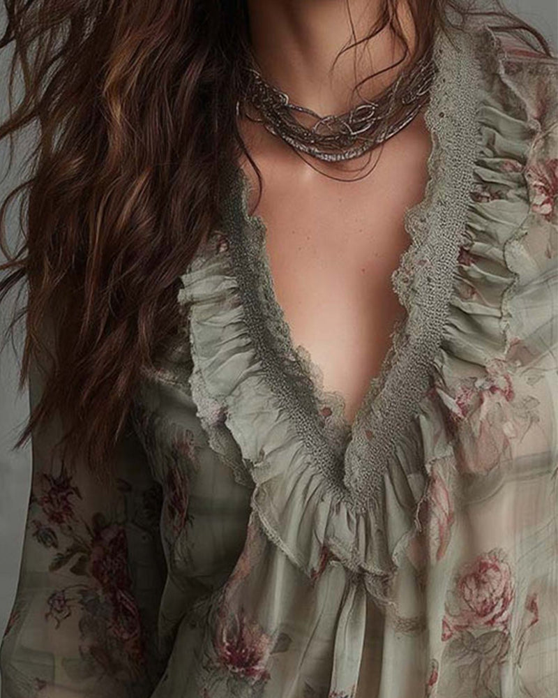 Floral V-Neck Ruffled Blouse