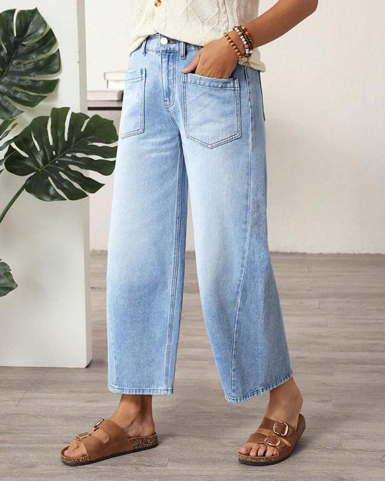Denim Elastic Waist Wide-Leg Cropped Jeans