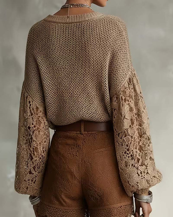 Lace Cut-Out Patchwork Lantern Sleeve Pullover