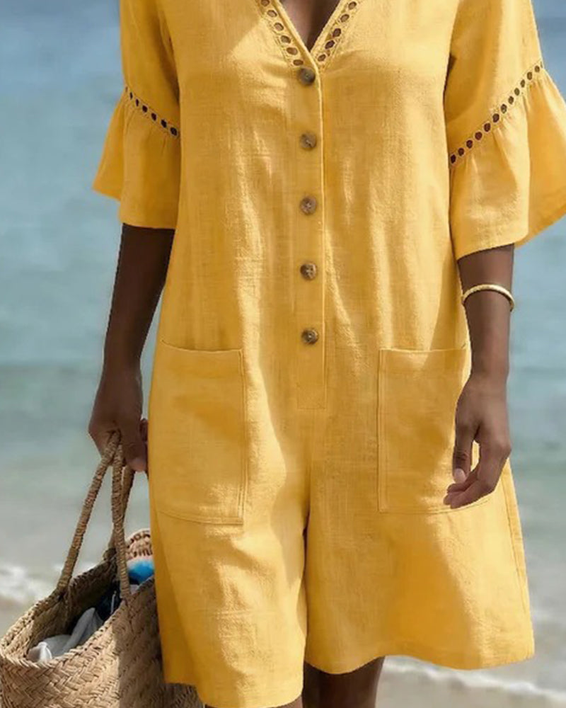 V-Neck Solid Color Hollowed-Out Jumpsuit