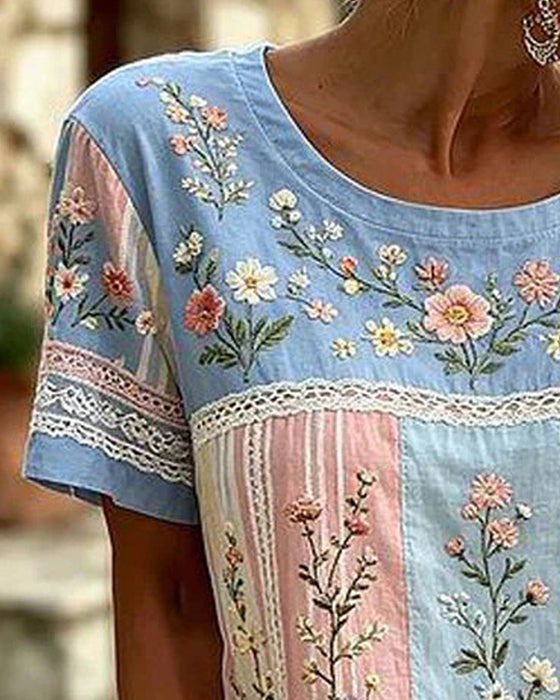 Crew Neck Patchwork Floral Blouse