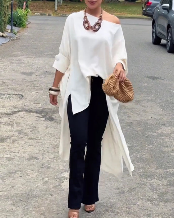 Asymmetric Neck Irregular Slit Elbow-Length Sleeve Blouse