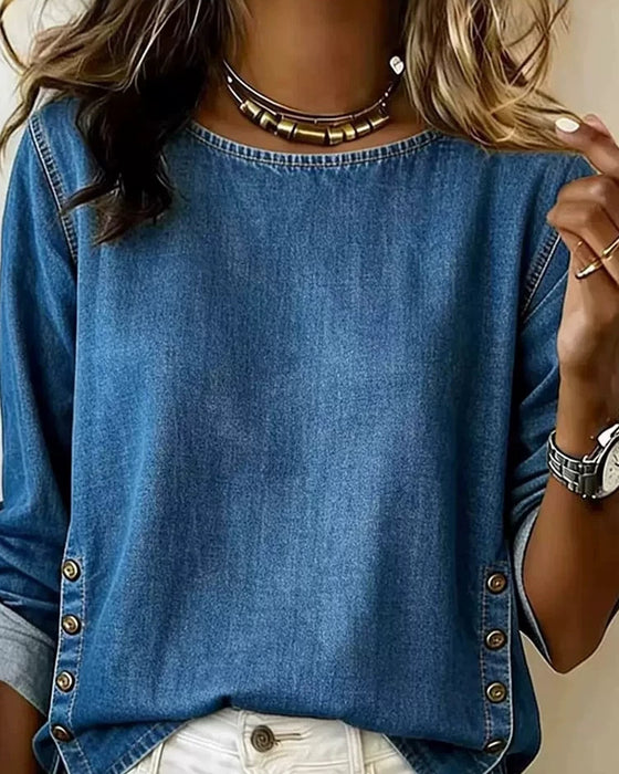 Round Neck Side Split Button Blouse
