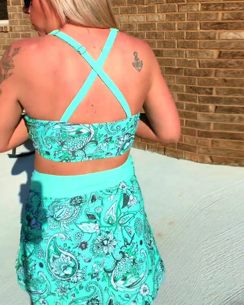 Printed Drawstring Slit Skirt Bikini