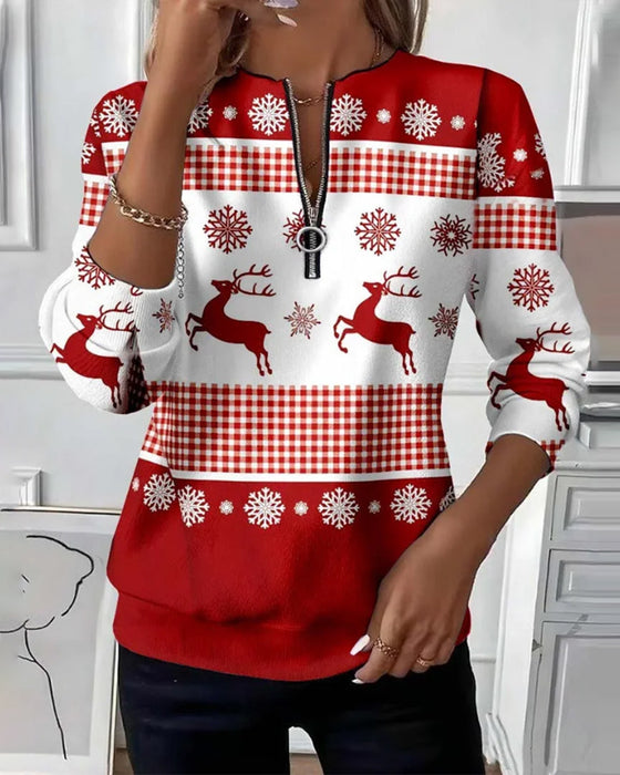 Zippered Snowflake Print Sweatshirt