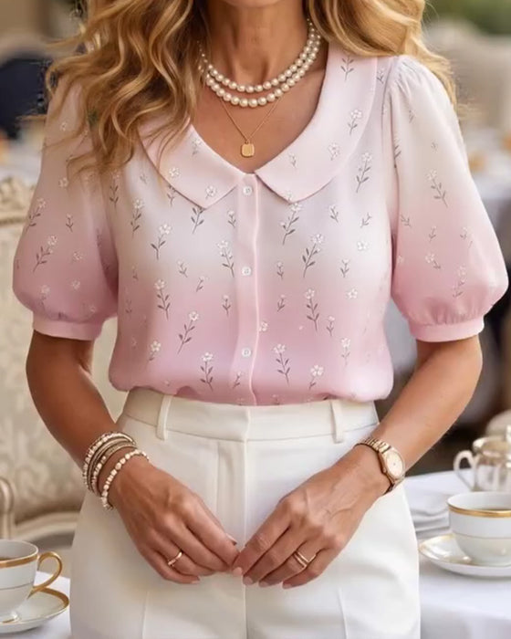 Floral Peter Pan Collar Bubble Sleeve Blouse